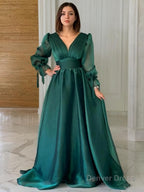 A Line V Neck Sweep Train Organza Prom Dresses With Ruffles