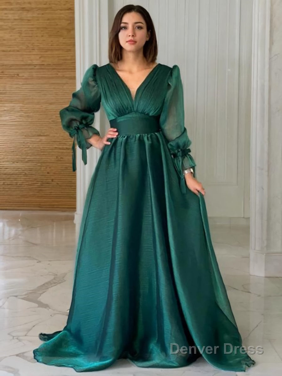 A Line V Neck Sweep Train Organza Prom Dresses With Ruffles