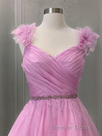 A Line V Neck Sweep Train Organza Prom Dresses With Ruffles