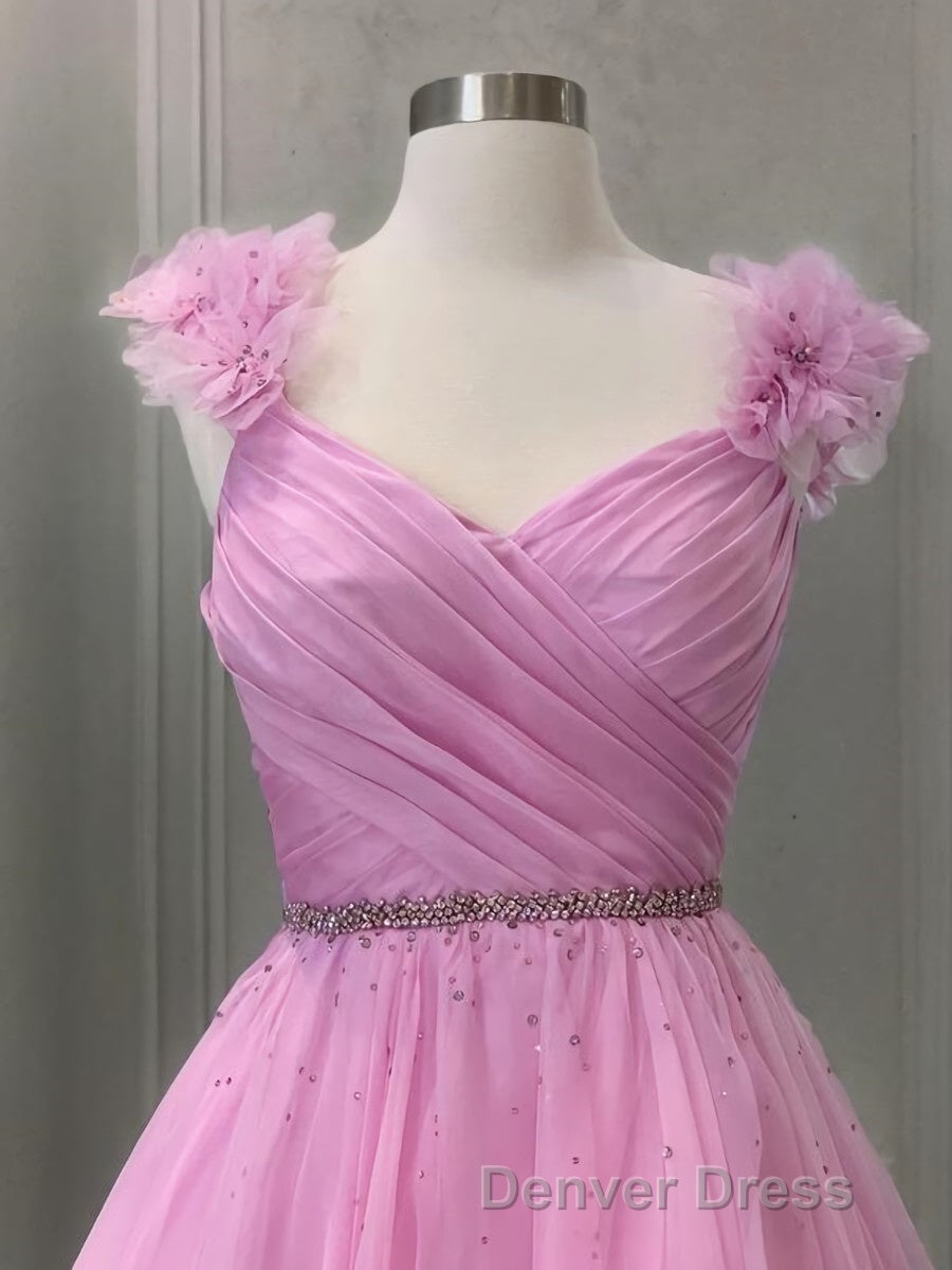 A Line V Neck Sweep Train Organza Prom Dresses With Ruffles