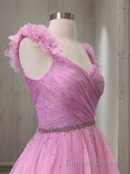 A Line V Neck Sweep Train Organza Prom Dresses With Ruffles