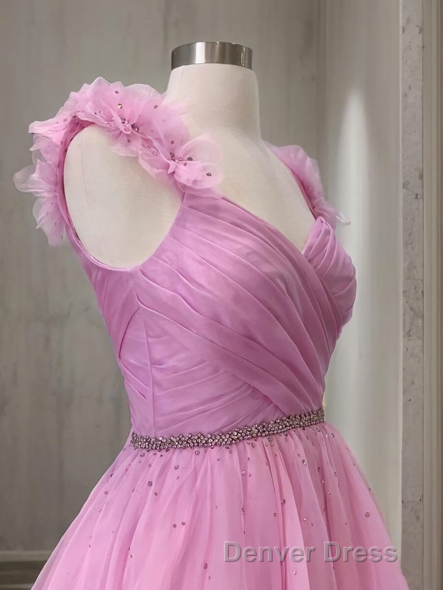 A Line V Neck Sweep Train Organza Prom Dresses With Ruffles