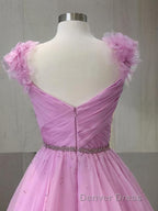 A Line V Neck Sweep Train Organza Prom Dresses With Ruffles