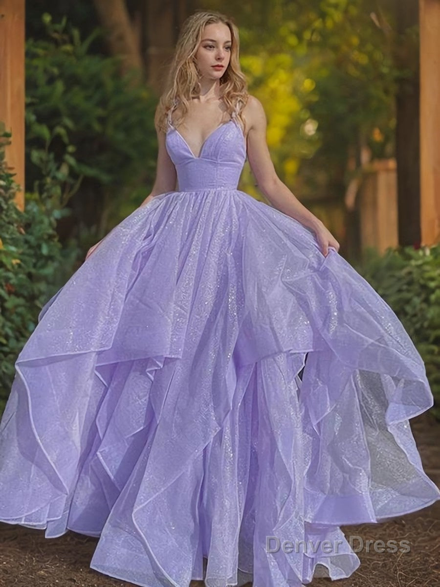 A Line V Neck Sweep Train Prom Dresses Main image