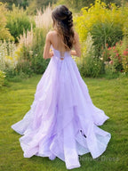 A Line V Neck Sweep Train Prom Dresses