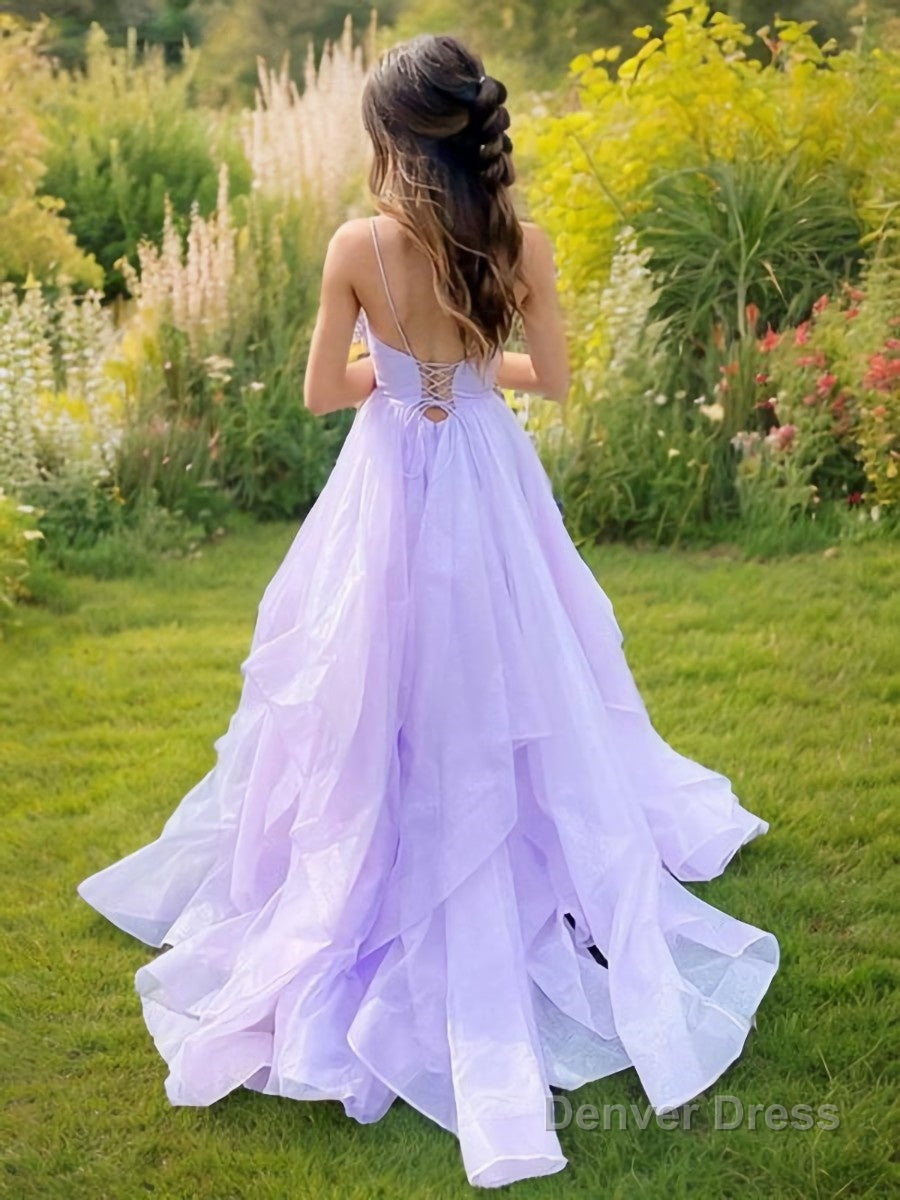 A Line V Neck Sweep Train Prom Dresses