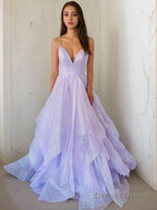 A Line V Neck Sweep Train Prom Dresses