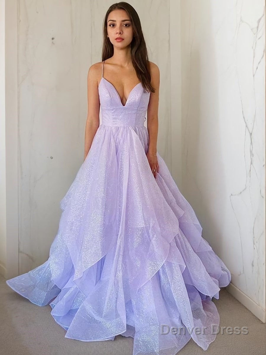A Line V Neck Sweep Train Prom Dresses