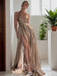 A Line V Neck Sweep Train Prom Dresses With Leg Slit