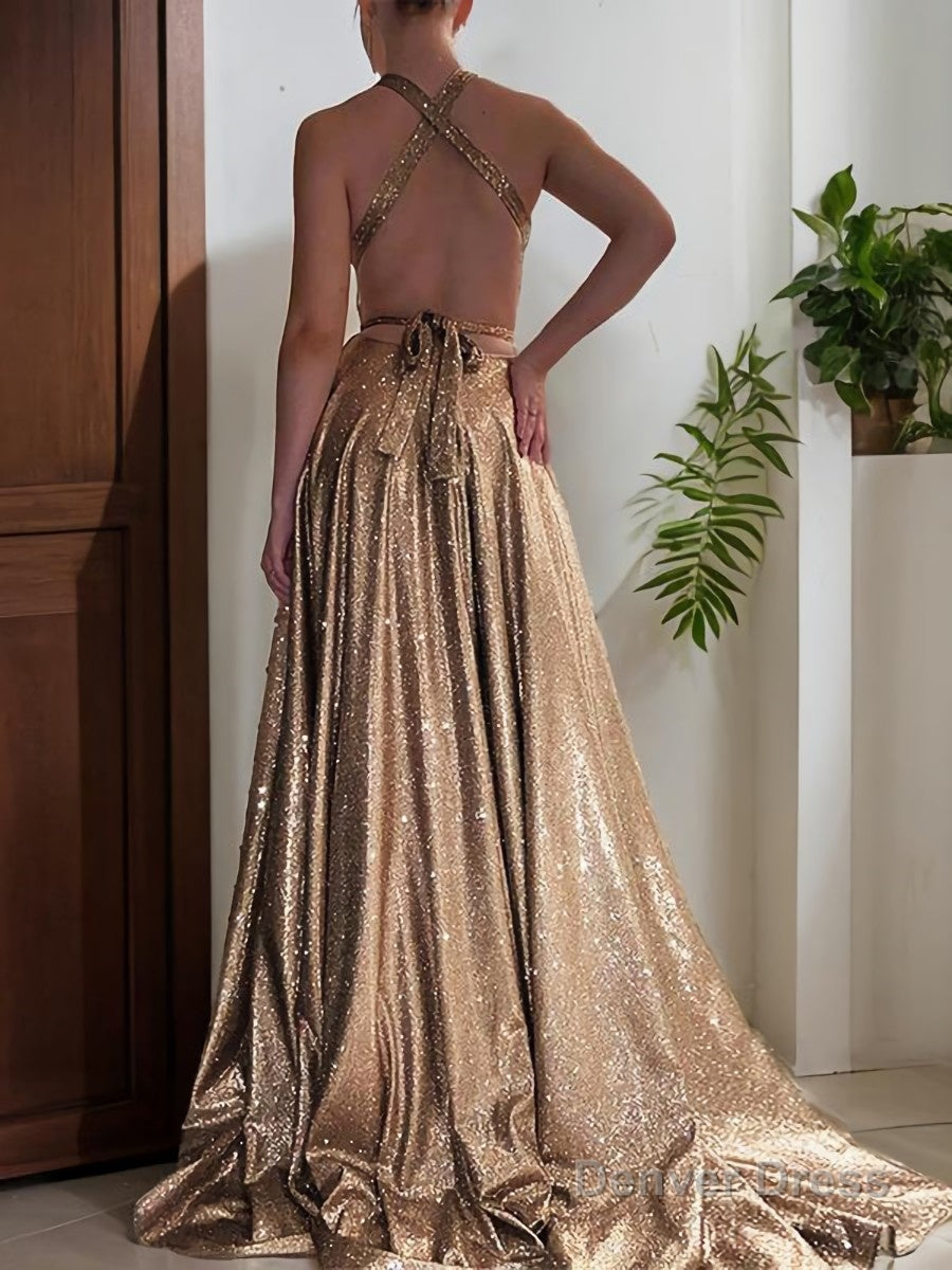 A Line V Neck Sweep Train Prom Dresses With Leg Slit Secondary image