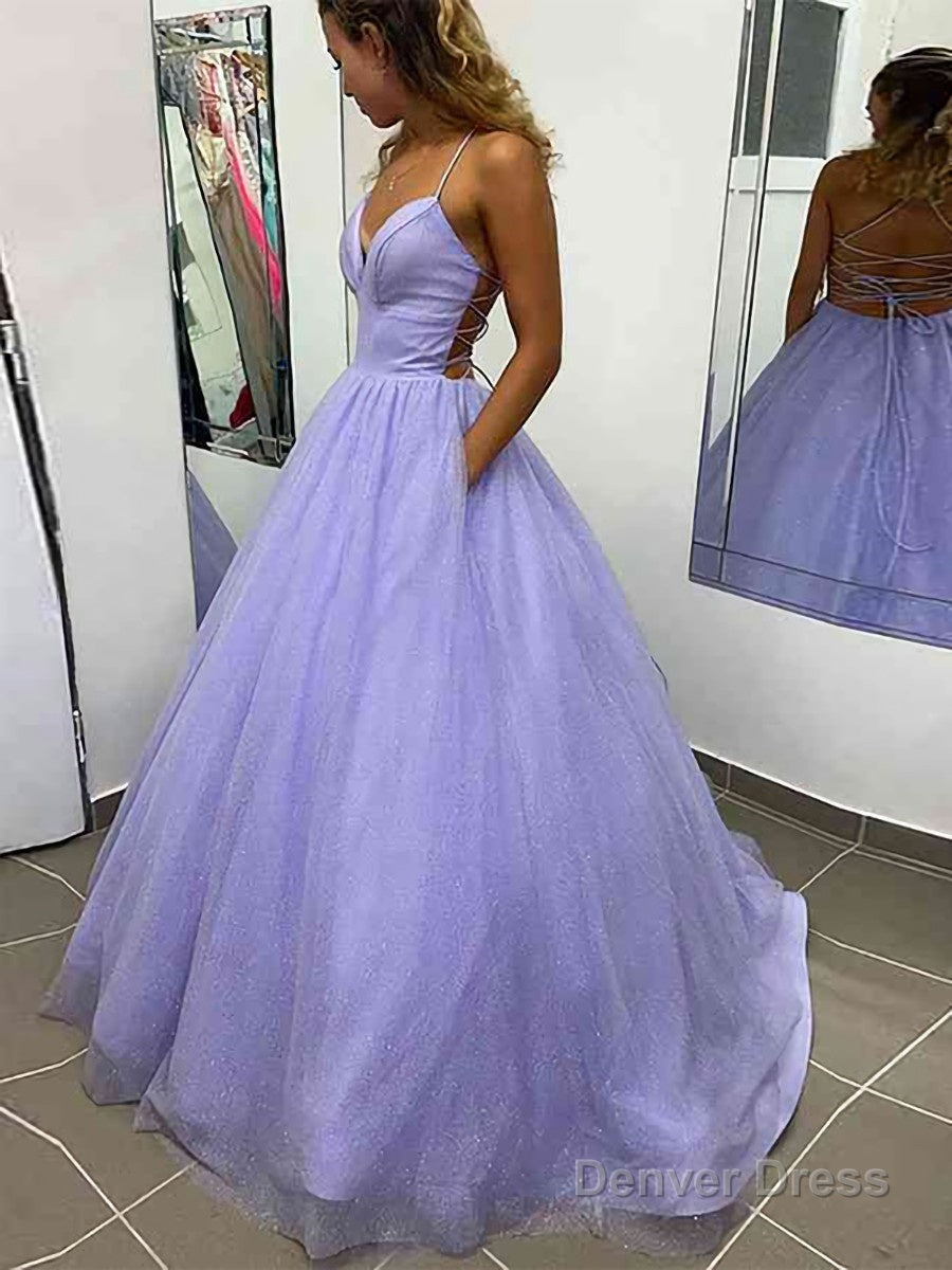 A Line V Neck Sweep Train Prom Dresses With Pockets
