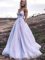 A Line V Neck Sweep Train Prom Dresses With Pockets