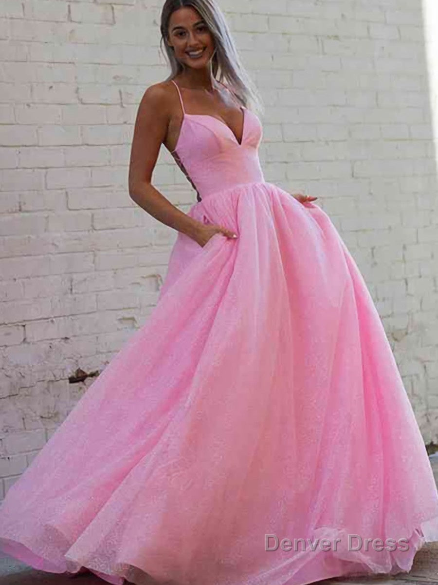 A Line V Neck Sweep Train Prom Dresses With Pockets