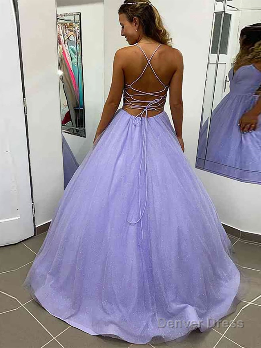 A Line V Neck Sweep Train Prom Dresses With Pockets