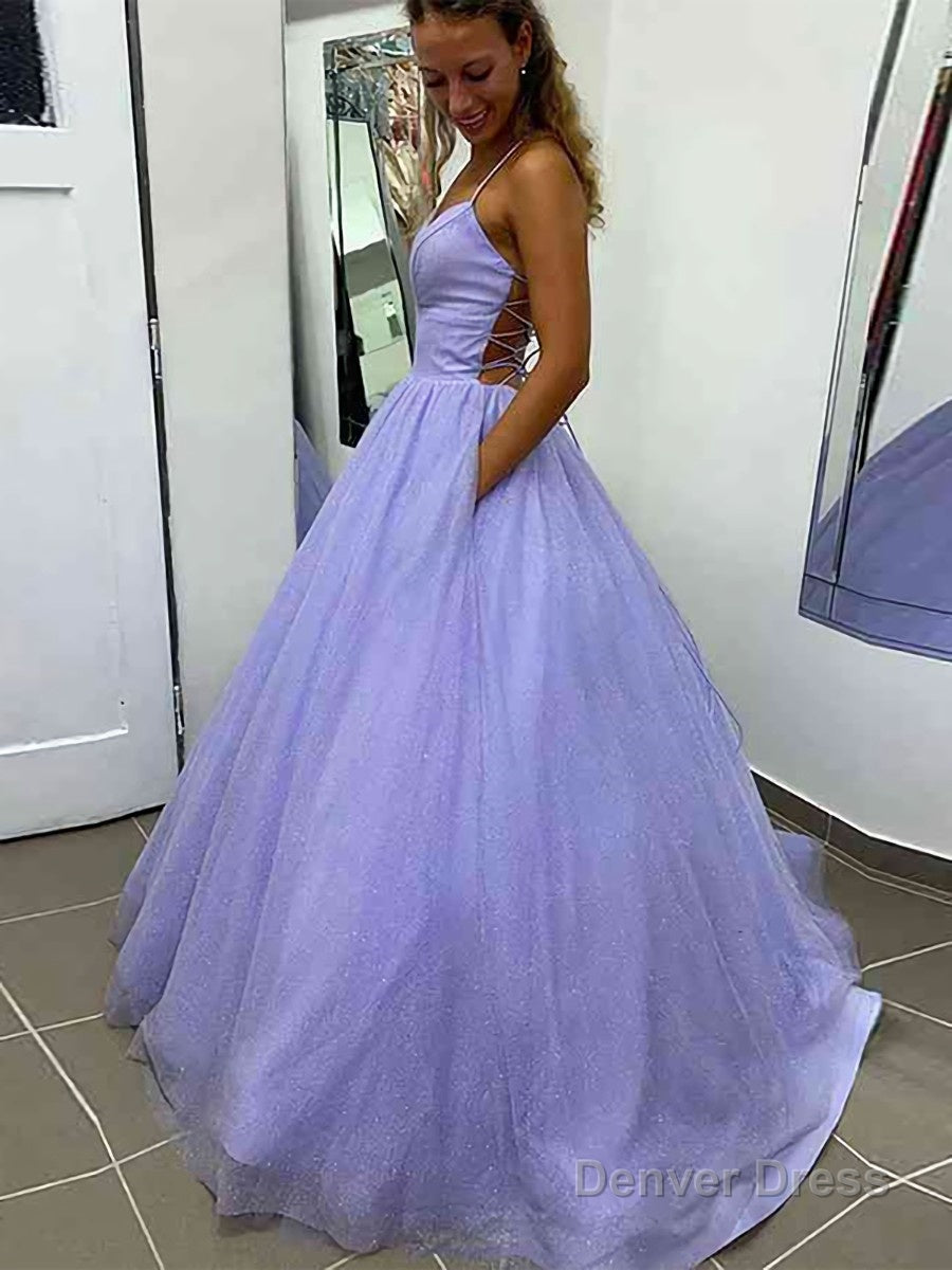 A Line V Neck Sweep Train Prom Dresses With Pockets