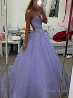 A Line V Neck Sweep Train Prom Dresses With Pockets