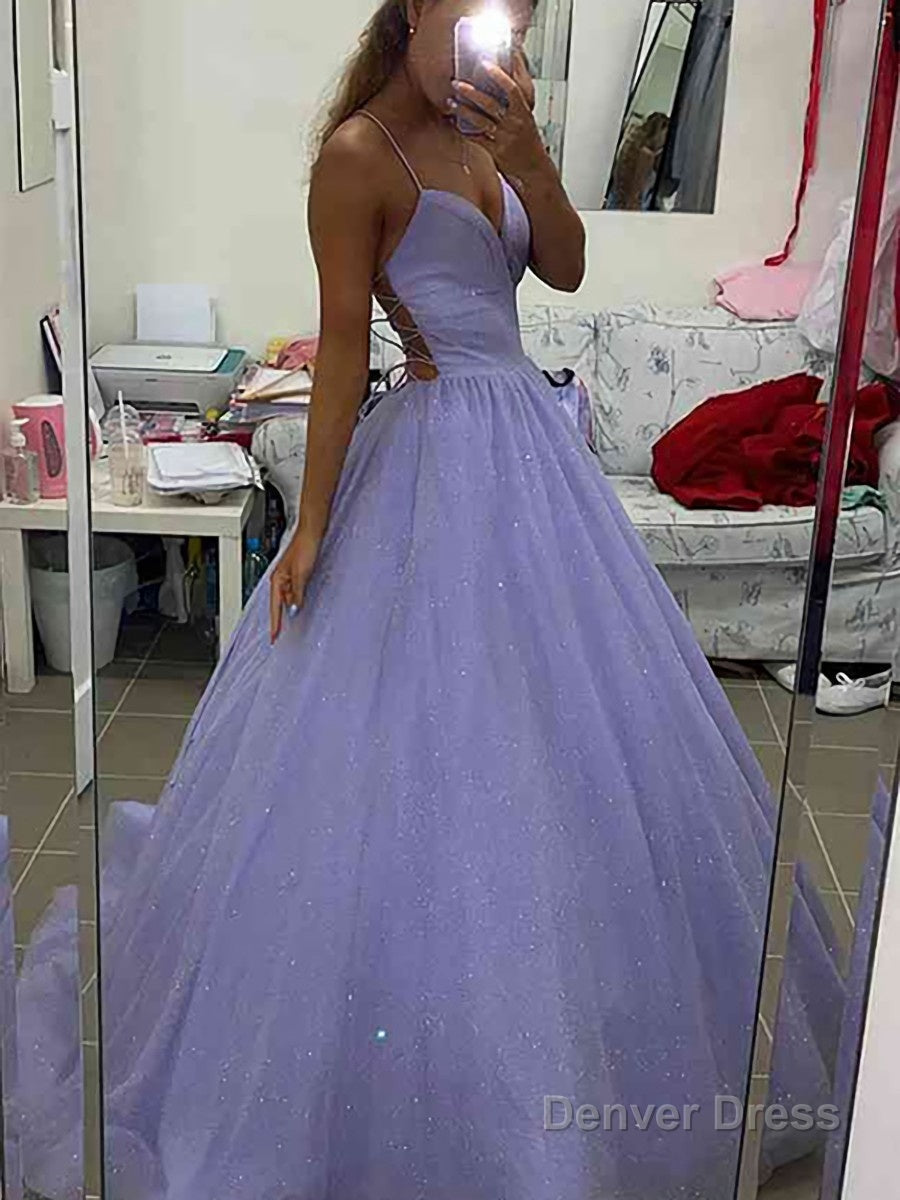 A Line V Neck Sweep Train Prom Dresses With Pockets