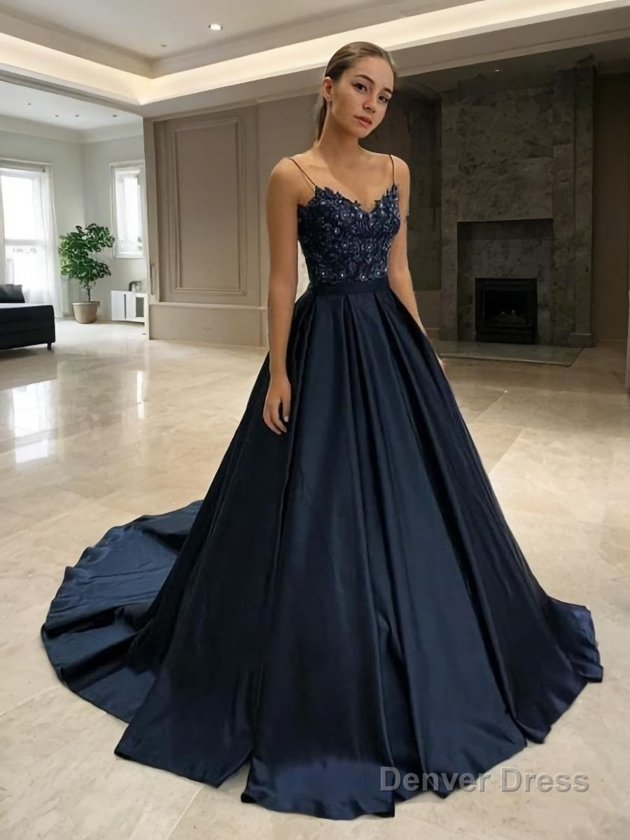 A Line V Neck Sweep Train Satin Prom Dresses With Appliques Lace Main image