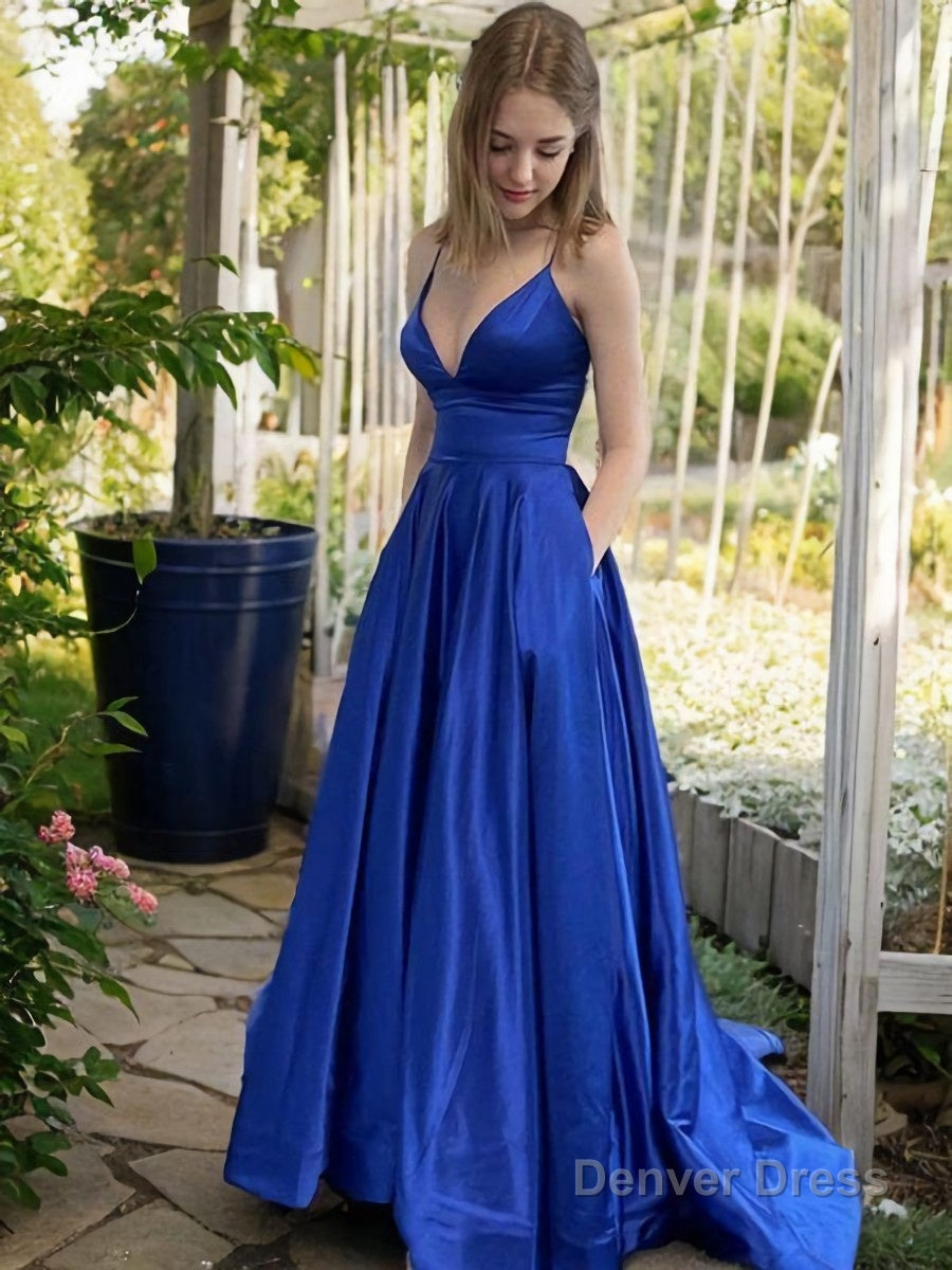 A Line V Neck Sweep Train Satin Prom Dresses With Pockets