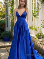 A Line V Neck Sweep Train Satin Prom Dresses With Pockets