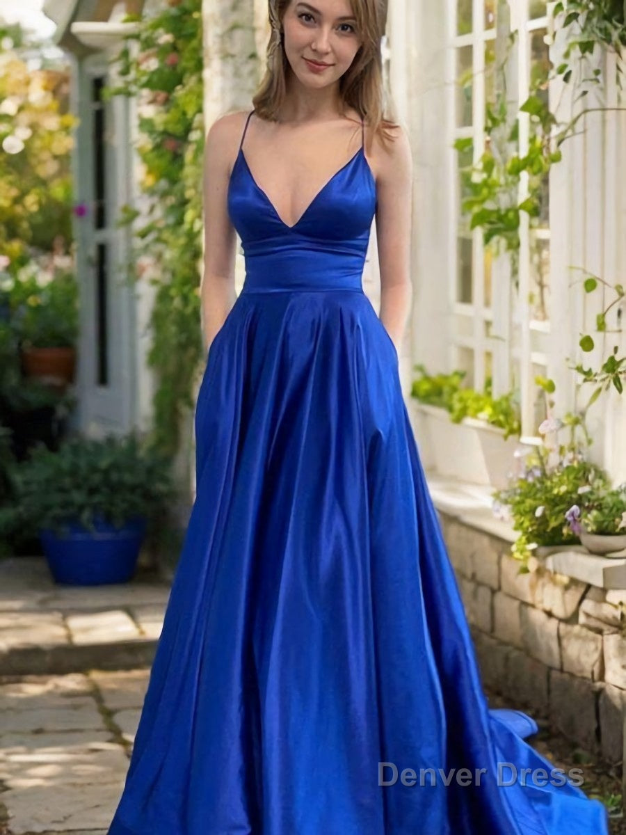 A Line V Neck Sweep Train Satin Prom Dresses With Pockets