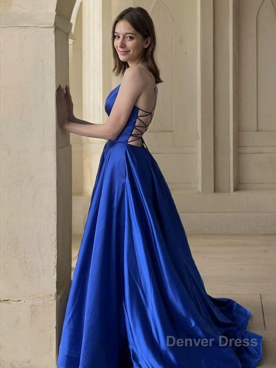 A Line V Neck Sweep Train Satin Prom Dresses With Pockets
