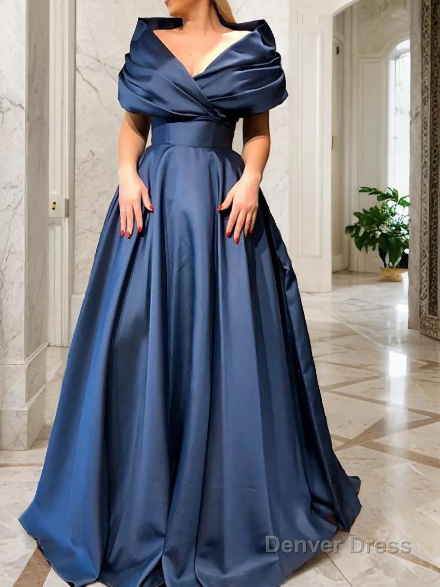 A Line V Neck Sweep Train Satin Prom Dresses With Ruffles