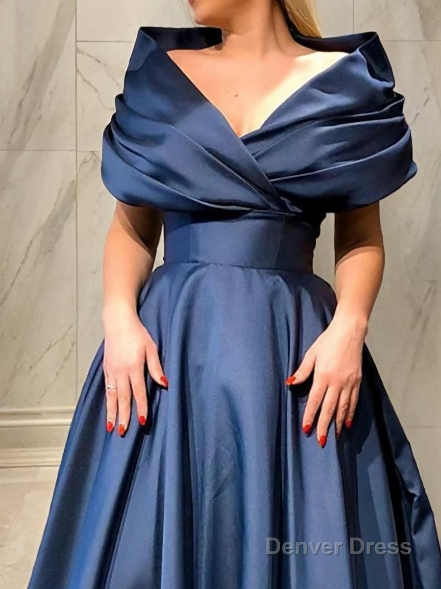 A Line V Neck Sweep Train Satin Prom Dresses With Ruffles