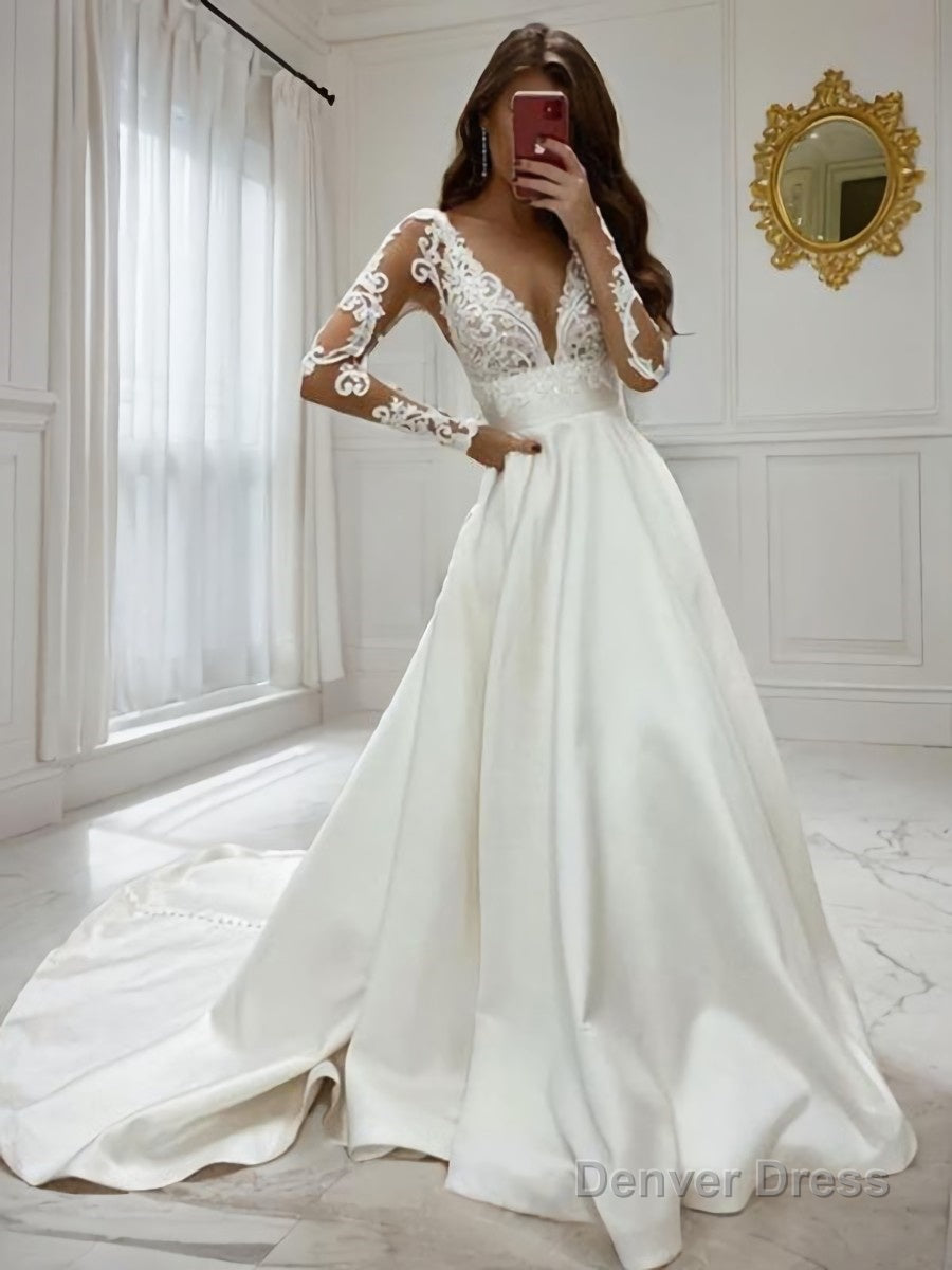 A Line V Neck Sweep Train Satin Wedding Dresses Main image