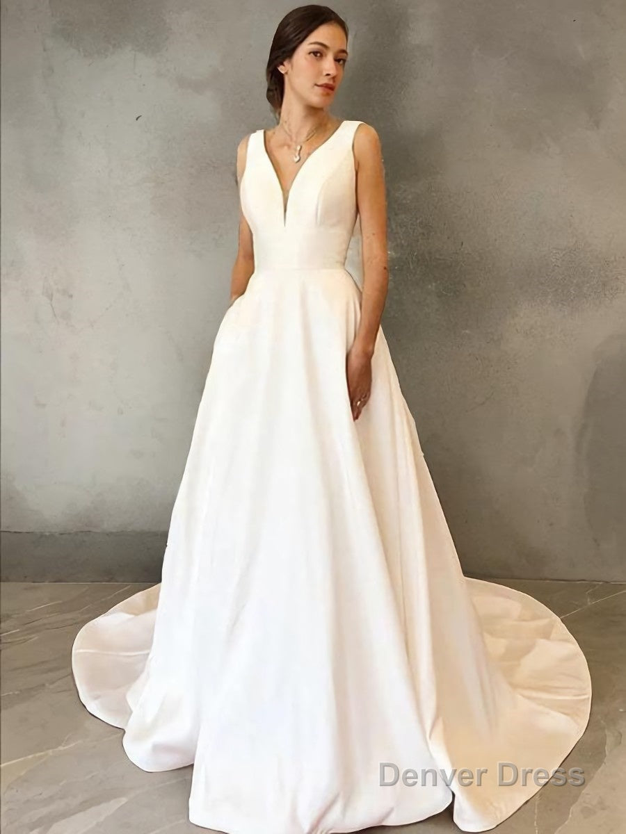 A Line V Neck Sweep Train Satin Wedding Dresses Main image