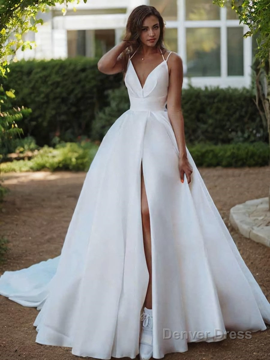 A-Line/Princess V-neck Sweep Train Satin Wedding Dresses With Leg Slit Secondary image