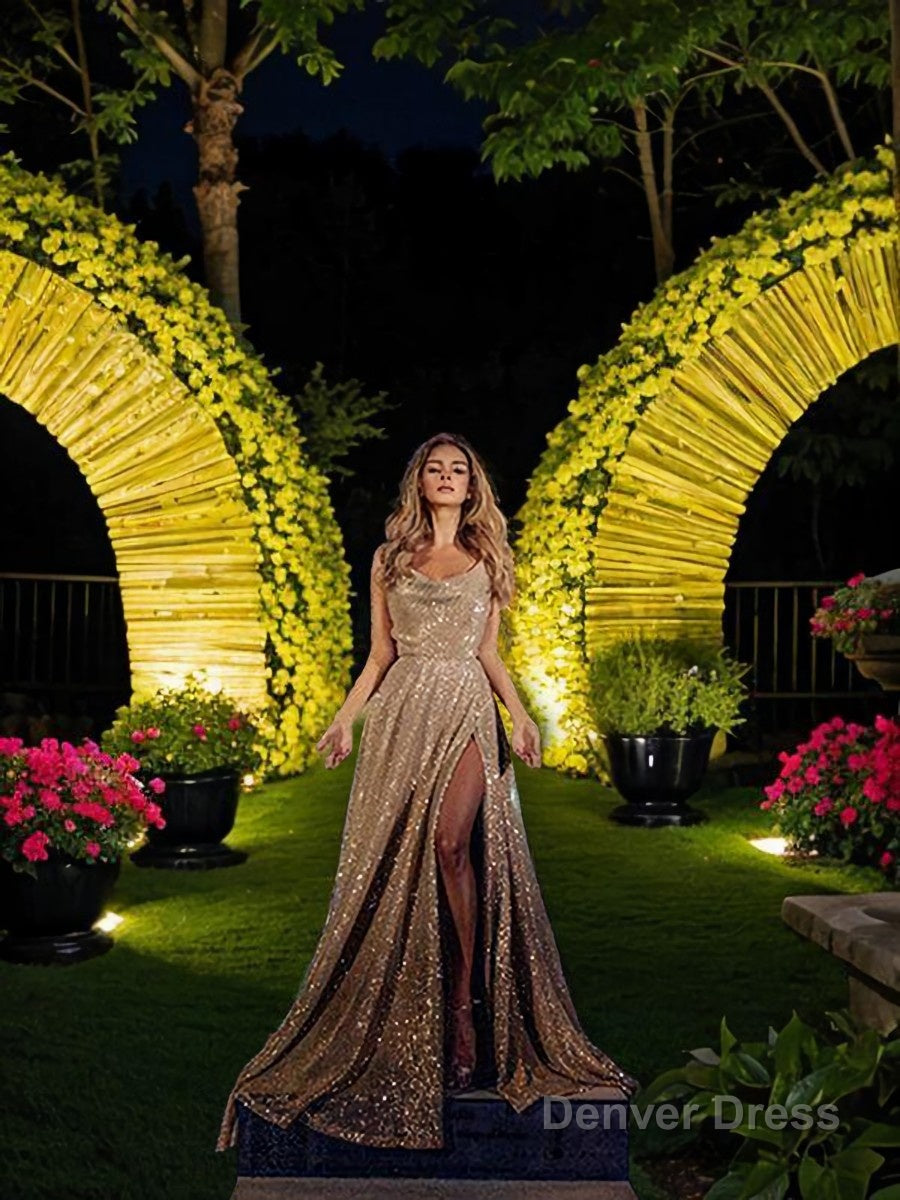 A Line V Neck Sweep Train Sequins Prom Dresses With Leg Slit Secondary image