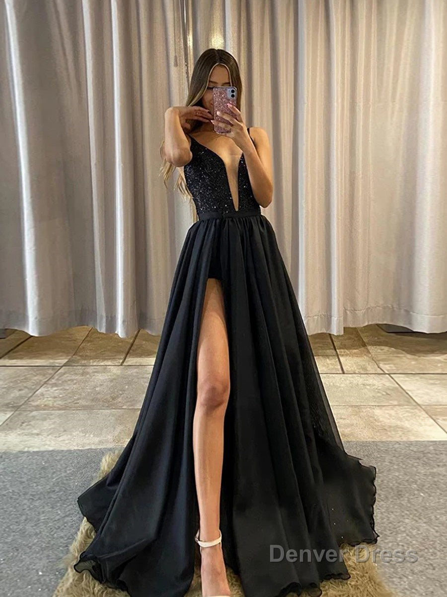 A Line V Neck Sweep Train Sequins Prom Dresses With Leg Slit Main image