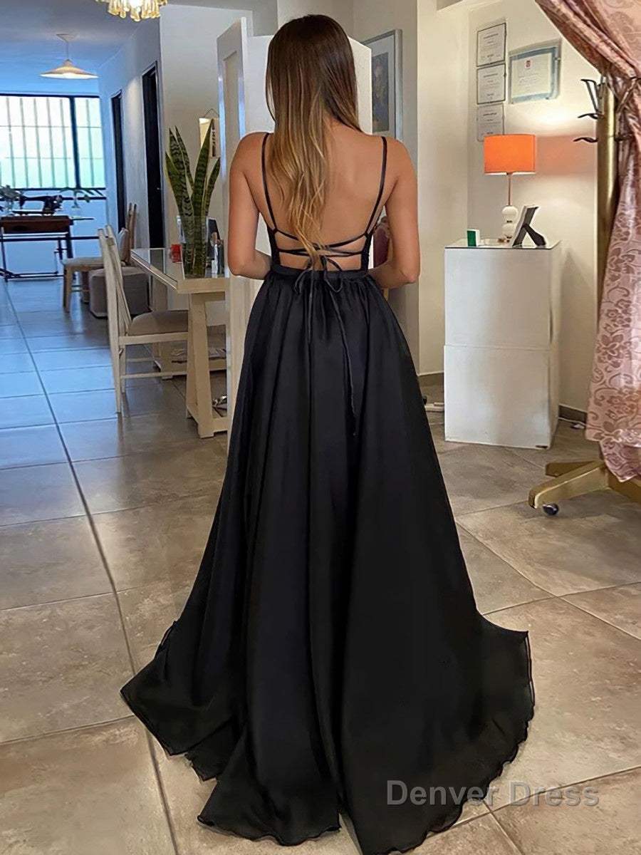 A Line V Neck Sweep Train Sequins Prom Dresses With Leg Slit Secondary image