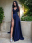 A Line V Neck Sweep Train Silk like Satin Prom Dresses With Leg Slit