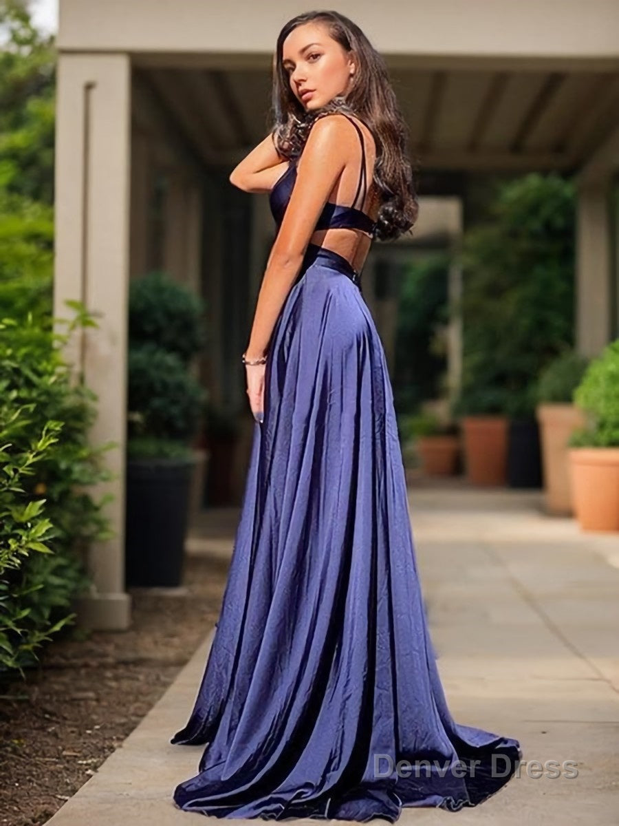 A Line V Neck Sweep Train Silk like Satin Prom Dresses With Leg Slit