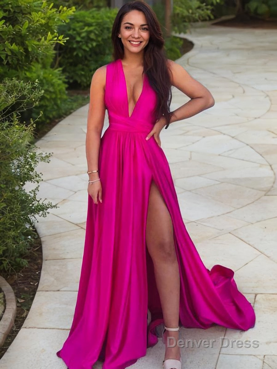 A Line V Neck Sweep Train Silk like Satin Prom Dresses With Leg Slit