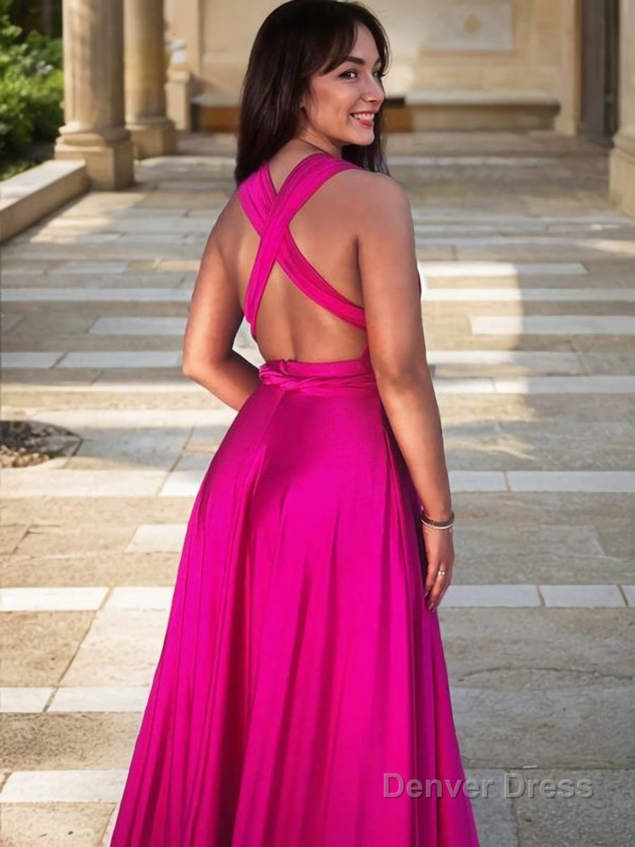 A Line V Neck Sweep Train Silk like Satin Prom Dresses With Leg Slit