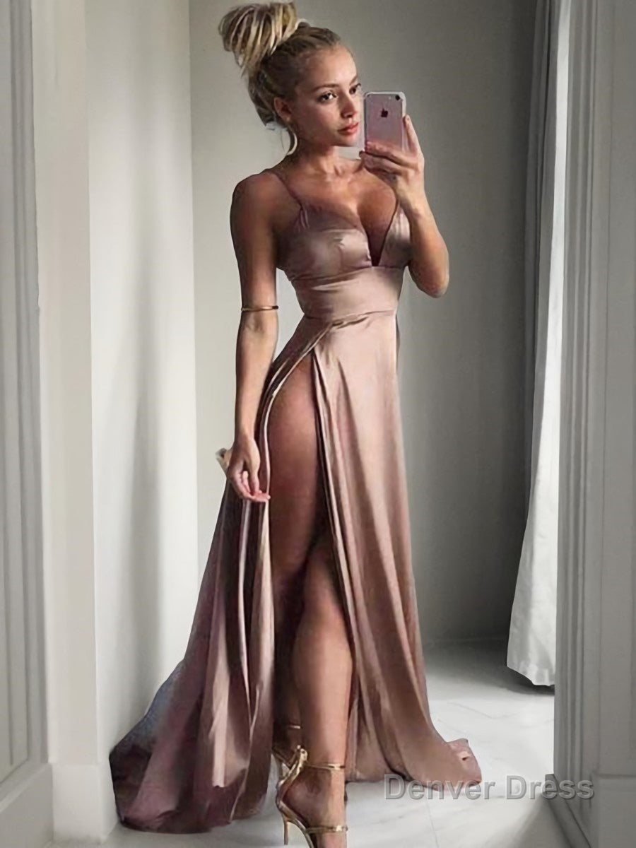 A Line V Neck Sweep Train Silk like Satin Prom Dresses With Leg Slit