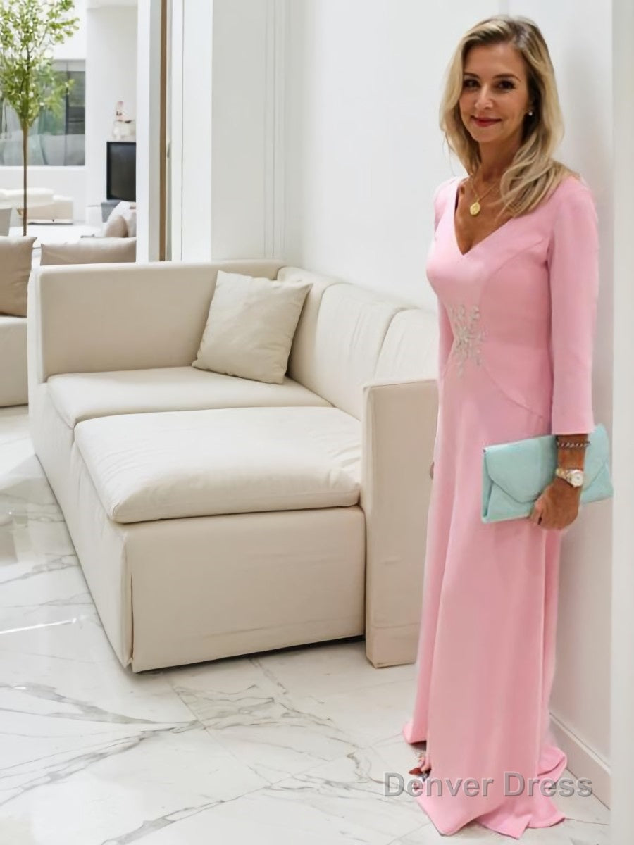 A Line V Neck Sweep Train Stretch Crepe Mother of the Bride Dresses