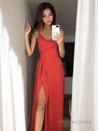 A Line V Neck Sweep Train Stretch Crepe Prom Dresses With Leg Slit