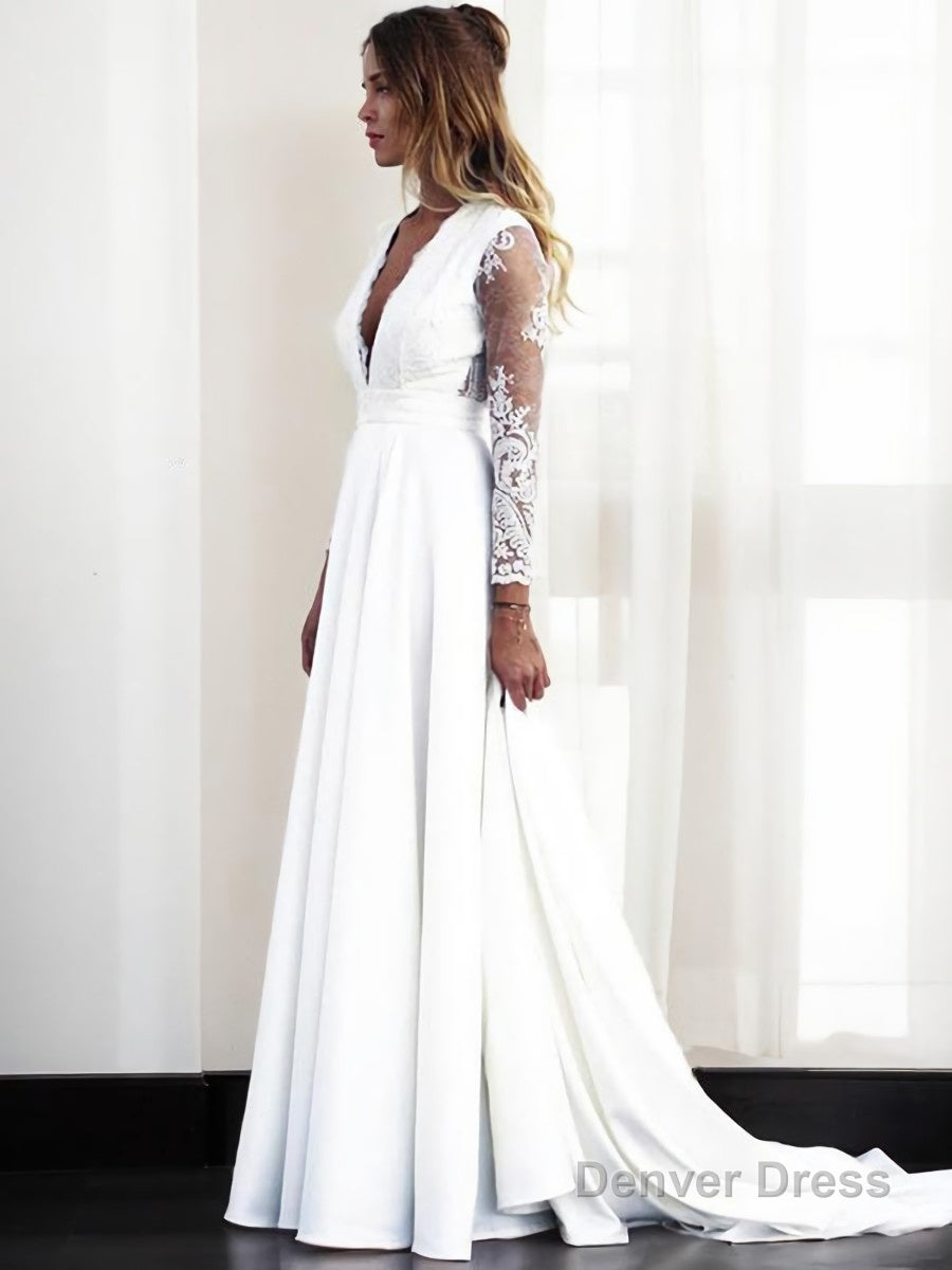 A Line V Neck Sweep Train Stretch Crepe Wedding Dresses Main image
