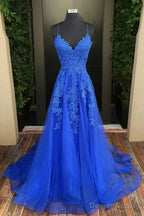 A Line V Neck Sweep Train Tulle Prom Dresses With Appliques Lace