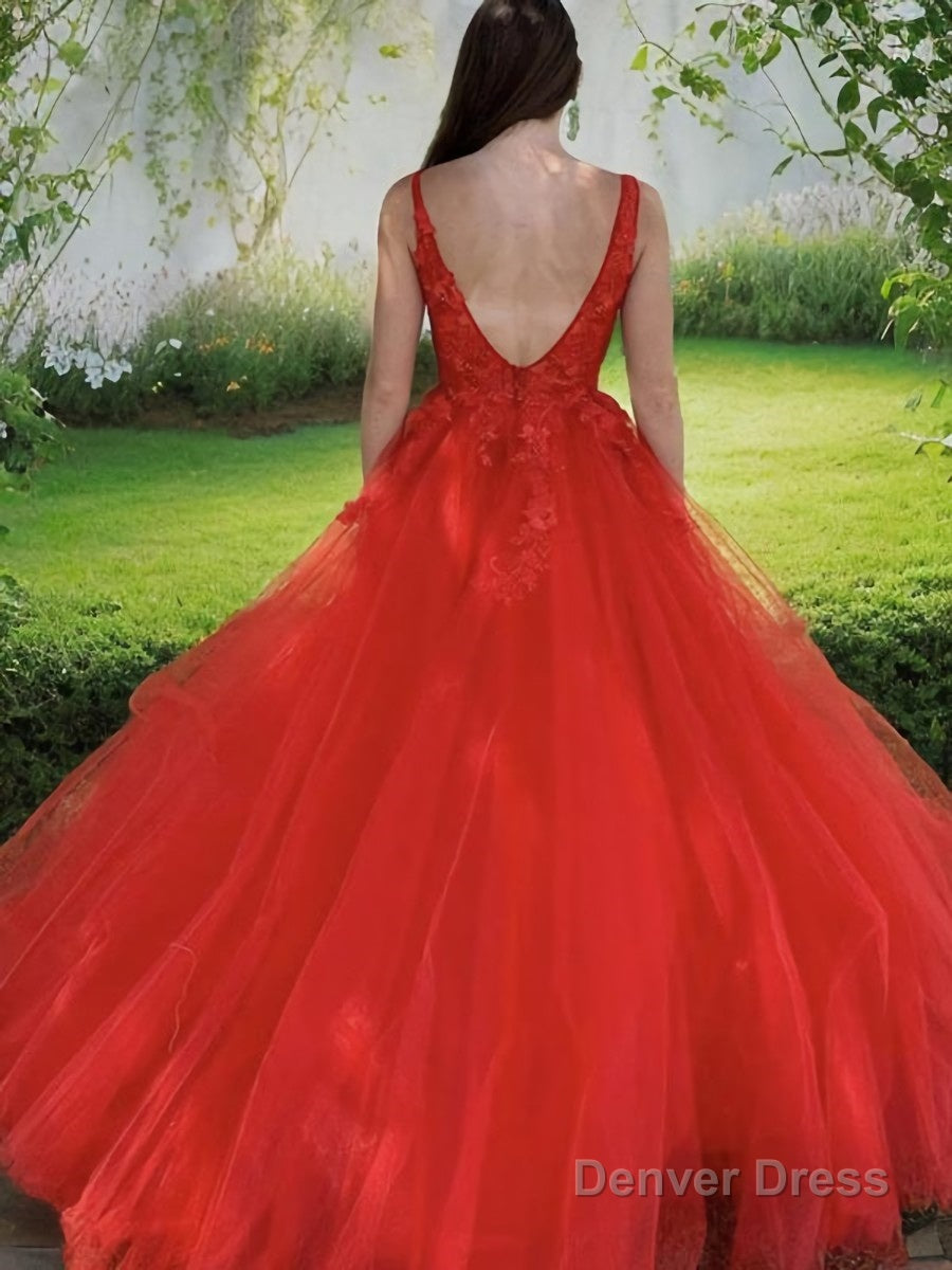 A Line V Neck Sweep Train Tulle Prom Dresses With Appliques Lace Secondary image