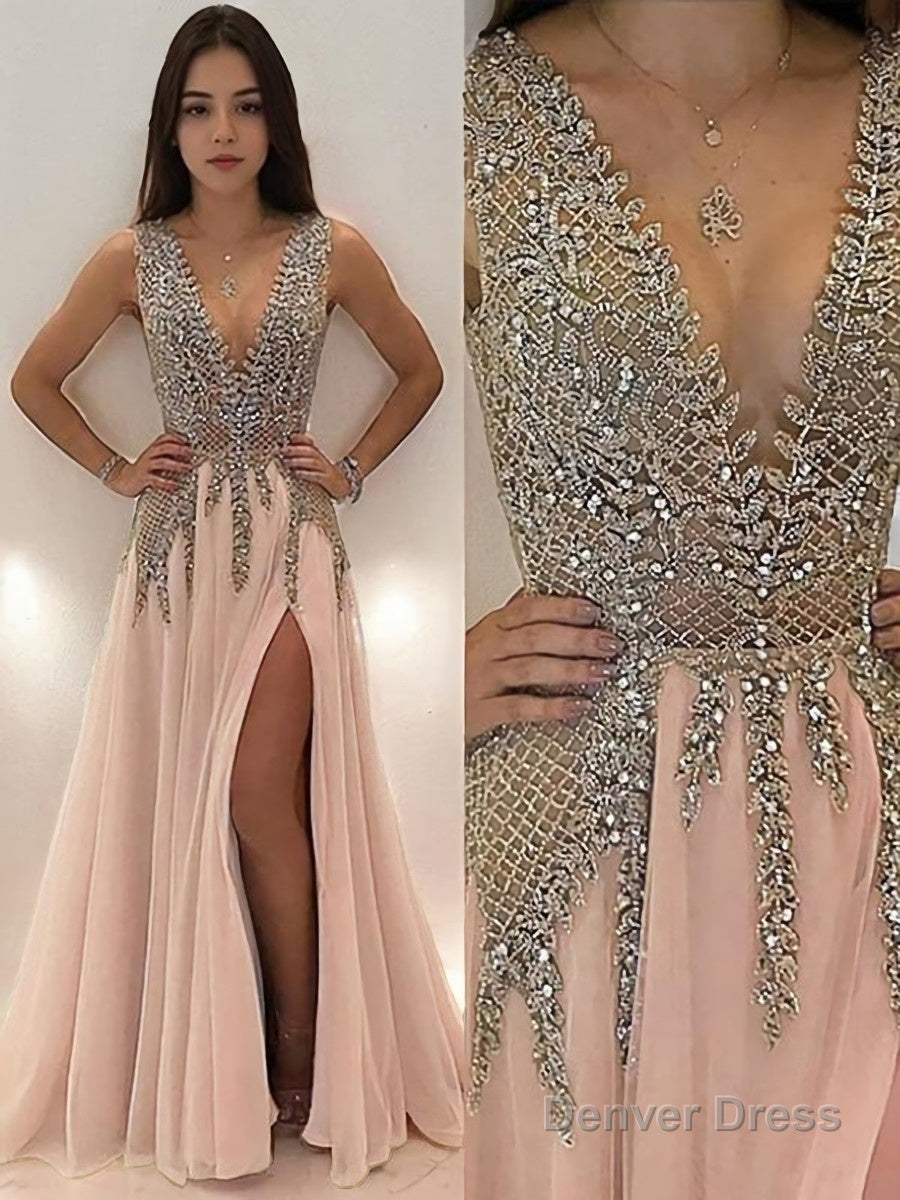 A Line V Neck Sweep Train Tulle Prom Dresses With Leg Slit