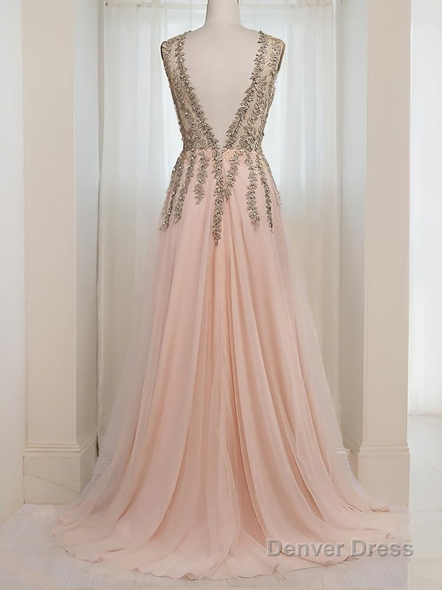 A Line V Neck Sweep Train Tulle Prom Dresses With Leg Slit Secondary image