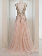 A Line V Neck Sweep Train Tulle Prom Dresses With Leg Slit