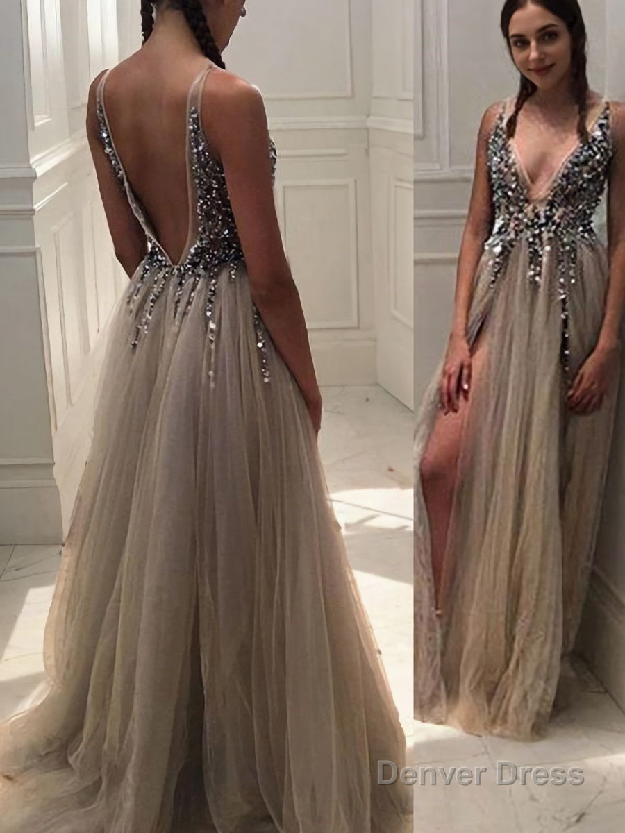 A Line V Neck Sweep Train Tulle Prom Dresses With Rhinestone
