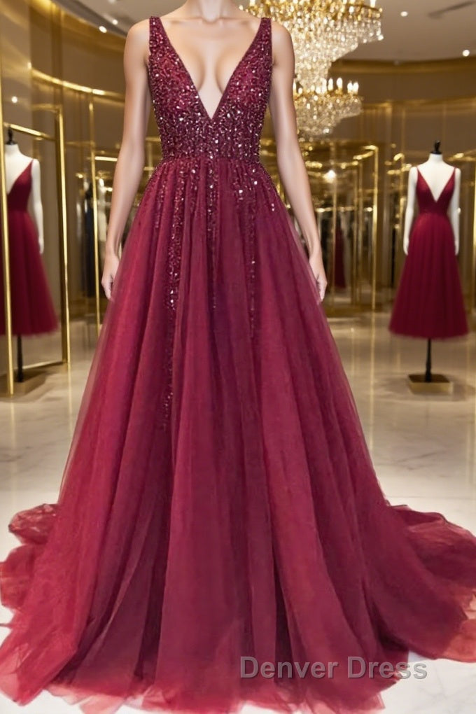 A Line V Neck Sweep Train Tulle Prom Dresses With Ruffles Main image