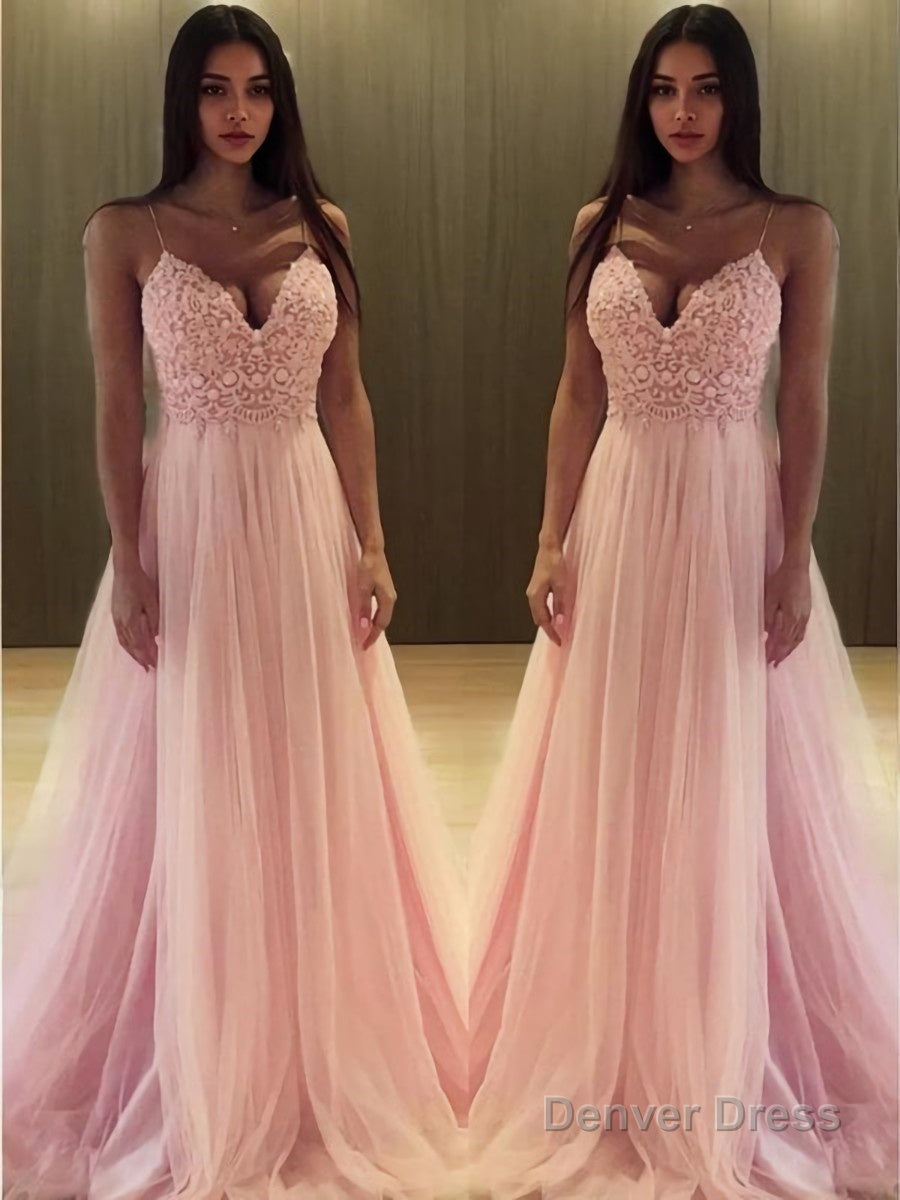 A Line V Neck Sweep Train Tulle Prom Dresses Main image